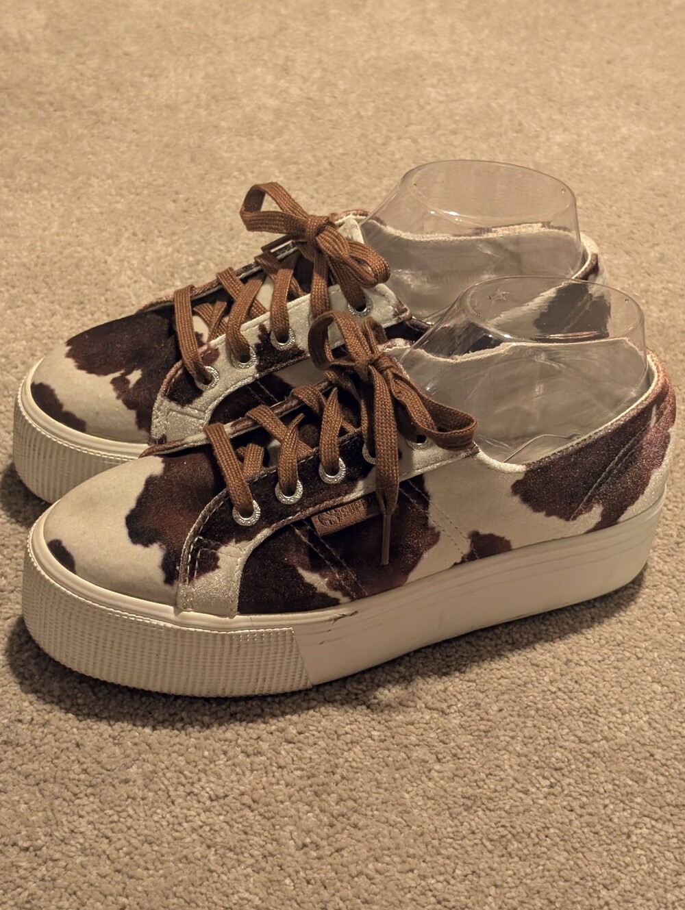 Superga Brown and White Cow-Print Platform Sneakers